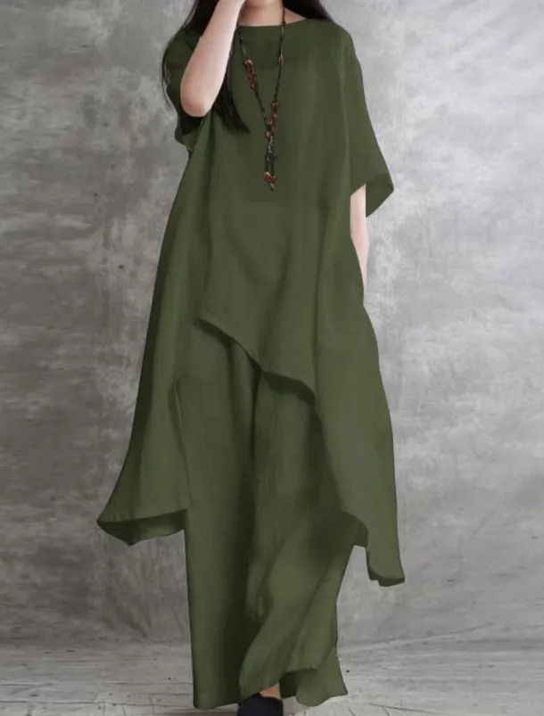 Women's Fashion Streetwear Daily Shirt Linen-Inspired Sets Two Piece Sets Wide Leg Pants 3/4 Length Sleeve Crew Neck Plain Casual Daily Black White Army Green Spring & Fall Regular Fit