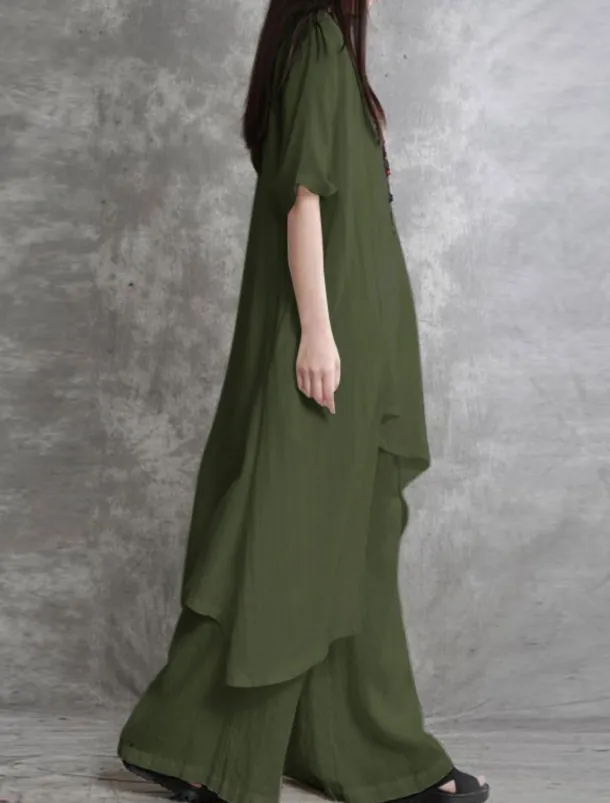 Women's Fashion Streetwear Daily Shirt Linen-Inspired Sets Two Piece Sets Wide Leg Pants 3/4 Length Sleeve Crew Neck Plain Casual Daily Black White Army Green Spring & Fall Regular Fit