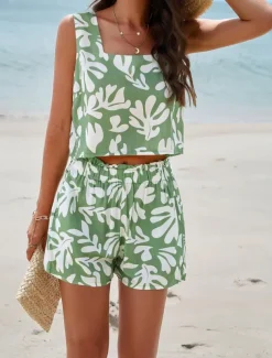 Women's Fashion Streetwear Daily Tank Top Baggy Shorts Sleeveless Square Neck Graphic Print Casual Daily Black Brown Green Summer Regular Fit