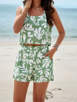 Women's Fashion Streetwear Daily Tank Top Baggy Shorts Sleeveless Square Neck Graphic Print Casual Daily Black Brown Green Summer Regular Fit