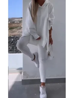 Women's Fashion Streetwear Daily Sweatshirt Chinos Long Sleeve Hooded Plain Patchwork Split Thigh Casual Daily Black White Pink Fall Regular Fit