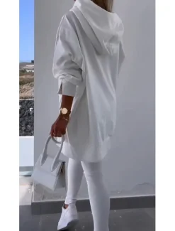 Women's Fashion Streetwear Daily Sweatshirt Chinos Long Sleeve Hooded Plain Patchwork Split Thigh Casual Daily Black White Pink Fall Regular Fit