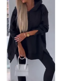 Women's Fashion Streetwear Daily Sweatshirt Chinos Long Sleeve Hooded Plain Patchwork Split Thigh Casual Daily Black White Pink Fall Regular Fit