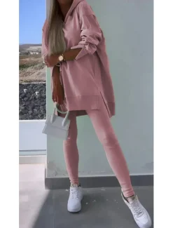 Women's Fashion Streetwear Daily Sweatshirt Chinos Long Sleeve Hooded Plain Patchwork Split Thigh Casual Daily Black White Pink Fall Regular Fit