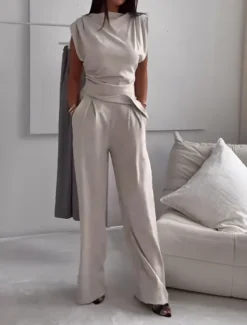 Women's Fashion Streetwear Daily Pants Sets Sleeveless Round Neck Solid Color Ruched Casual Daily Dark Grey Black White Spring Loose Fit