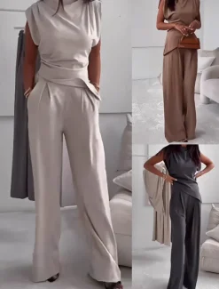 Women's Fashion Streetwear Daily Pants Sets Sleeveless Round Neck Solid Color Ruched Casual Daily Dark Grey Black White Spring Loose Fit