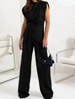 Women's Fashion Streetwear Daily Pants Sets Sleeveless Round Neck Solid Color Ruched Casual Daily Dark Grey Black White Spring Loose Fit