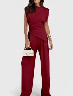 Women's Fashion Streetwear Daily Pants Sets Sleeveless Round Neck Solid Color Ruched Casual Daily Dark Grey Black White Spring Loose Fit