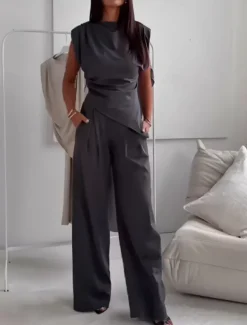 Women's Fashion Streetwear Daily Pants Sets Sleeveless Round Neck Solid Color Ruched Casual Daily Dark Grey Black White Spring Loose Fit