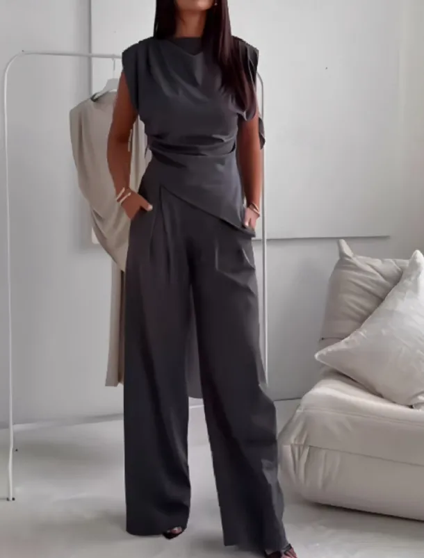 Women's Fashion Streetwear Daily Pants Sets Sleeveless Round Neck Solid Color Ruched Casual Daily Dark Grey Black White Spring Loose Fit