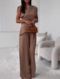 Women's Fashion Streetwear Daily Pants Sets Sleeveless Round Neck Solid Color Ruched Casual Daily Dark Grey Black White Spring Loose Fit