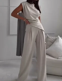 Women's Fashion Streetwear Daily Pants Sets Sleeveless Round Neck Solid Color Ruched Casual Daily Dark Grey Black White Spring Loose Fit