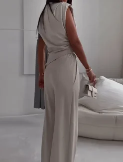 Women's Fashion Streetwear Daily Pants Sets Sleeveless Round Neck Solid Color Ruched Casual Daily Dark Grey Black White Spring Loose Fit