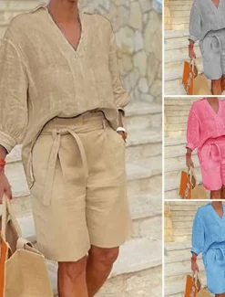 Women's Fashion Streetwear Shirt Cotton Linen Sets Two Piece Sets Beach Shorts Short Sleeve V Neck Solid Color Drawstring Daily Wear Date Blue Khaki Gray Summer Regular Fit
