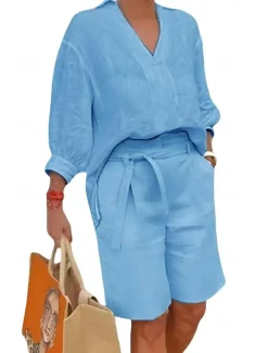 Women's Fashion Streetwear Shirt Cotton Linen Sets Two Piece Sets Beach Shorts Short Sleeve V Neck Solid Color Drawstring Daily Wear Date Blue Khaki Gray Summer Regular Fit