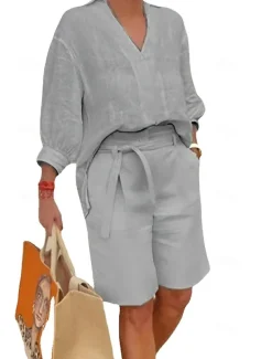 Women's Fashion Streetwear Shirt Cotton Linen Sets Two Piece Sets Beach Shorts Short Sleeve V Neck Solid Color Drawstring Daily Wear Date Blue Khaki Gray Summer Regular Fit