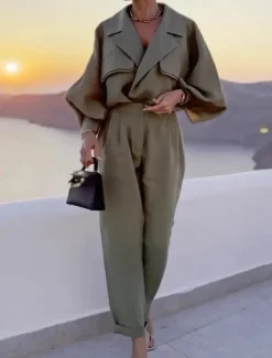 Women's Fashion Streetwear Daily Shirt Wide Leg Pants Long Sleeve Shirt Collar Plain Formal Office Green Fall Regular Fit