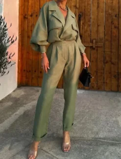 Women's Fashion Streetwear Daily Shirt Wide Leg Pants Long Sleeve Shirt Collar Plain Formal Office Green Fall Regular Fit