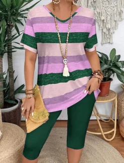 Women's Fashion T Shirt Shorts Sets Short Sleeve V Neck Graphic Striped Print Casual Daily Pink Purple Green Summer Regular Fit