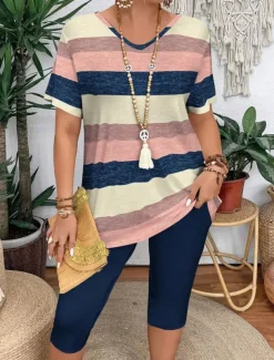 Women's Fashion T Shirt Shorts Sets Short Sleeve V Neck Graphic Striped Print Casual Daily Pink Purple Green Summer Regular Fit