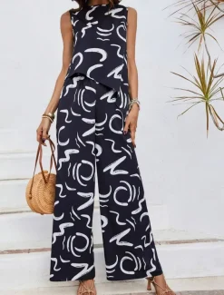 Women's Fashion Tank Top Pants Sets Wide Leg Pants Trousers Sleeveless Crew Neck Printing Print Holiday Weekend Black Blue Beige Summer Regular Fit