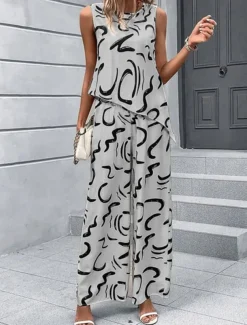 Women's Fashion Tank Top Pants Sets Wide Leg Pants Trousers Sleeveless Crew Neck Printing Print Holiday Weekend Black Blue Beige Summer Regular Fit