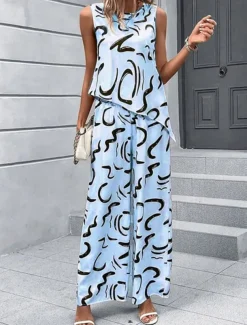 Women's Fashion Tank Top Pants Sets Wide Leg Pants Trousers Sleeveless Crew Neck Printing Print Holiday Weekend Black Blue Beige Summer Regular Fit