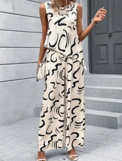 Women's Fashion Tank Top Pants Sets Wide Leg Pants Trousers Sleeveless Crew Neck Printing Print Holiday Weekend Black Blue Beige Summer Regular Fit