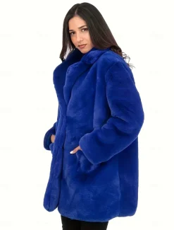 Women's Faux Fur Coat Warm Comfortable Pocket Knitting Elegant Fashion Daily Sweet Solid Color Home Casual Daily Wear Casual Daily Single Breasted Regular Lapel Slim Long Sleeve Outerwear Black White