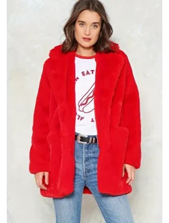 Women's Faux Fur Coat Warm Comfortable Pocket Knitting Elegant Fashion Daily Sweet Solid Color Home Casual Daily Wear Casual Daily Single Breasted Regular Lapel Slim Long Sleeve Outerwear Black White