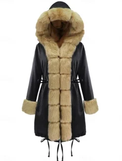 Women's Faux Fur Coat Warm Breathable Pocket Fur Collar Faux Fur Trim Fleece Lined Casual Plain Vacation Street Daily Wear Going out Open Front Long Hoodie Regular Fit Long Sleeve Outerwear Black