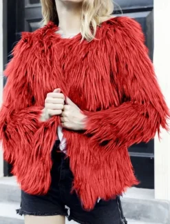 Women's Faux Fur Coat Warm Breathable Patchwork Elegant Cute Solid Color Party Street Pullover Crewneck Regular Fit Long Sleeve Outerwear Pink Red Khaki Fall Winter