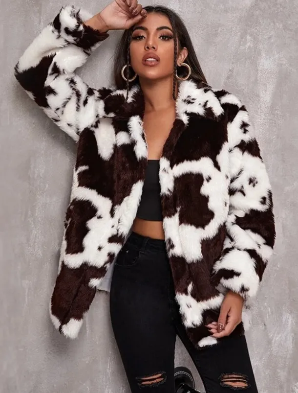 Women's Faux Fur Coat Warm Comfortable Pocket Knitting Elegant Cute Daily Sweet Cow Print Athleisure Daily Wear Going out Casual Daily Single Breasted Regular Lapel Slim Long Sleeve Outerwear Black