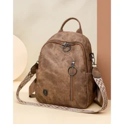 Women's Faux Leather Convertible Backpack in Brown with Adjustable Straps, Multiple Carrying Styles, and Zipper Pockets – Ideal for Travel, Work, and Everyday Use