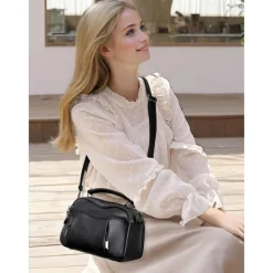 Women's Faux Leather Crossbody Bag, Small Casual Handbag with Multi-Zipper Compartments, Stylish Daily Shoulder Purse for Travel and Shopping Color Wine Black White