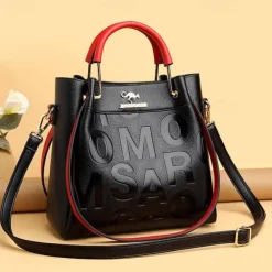 Women's Faux Leather Handbag with Embossed Letters and Red Handle - Ideal for Casual and Formal Events