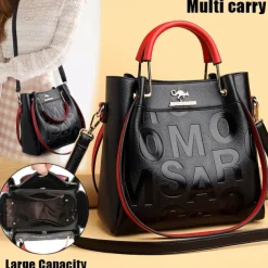 Women's Faux Leather Handbag with Embossed Letters and Red Handle - Ideal for Casual and Formal Events