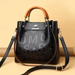 Women's Faux Leather Handbag with Embossed Letters and Red Handle - Ideal for Casual and Formal Events