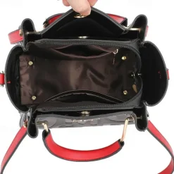 Women's Faux Leather Handbag with Embossed Letters and Red Handle - Ideal for Casual and Formal Events