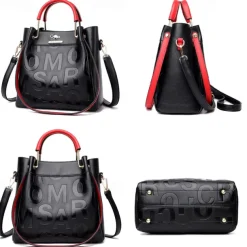Women's Faux Leather Handbag with Embossed Letters and Red Handle - Ideal for Casual and Formal Events