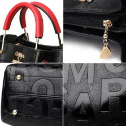 Women's Faux Leather Handbag with Embossed Letters and Red Handle - Ideal for Casual and Formal Events