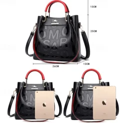 Women's Faux Leather Handbag with Embossed Letters and Red Handle - Ideal for Casual and Formal Events