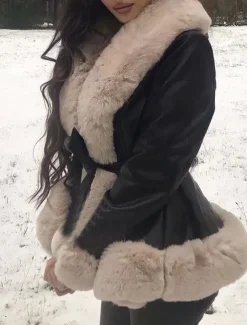 Women's Faux Leather Jacket Warm Breathable Fur Collar Casual Plain Vacation Street Daily Wear Going out Open Front Regular V Neck Regular Fit Long Sleeve Outerwear Black Brown Beige Fall Winter