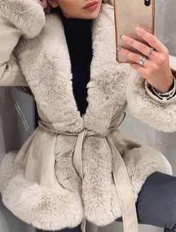 Women's Faux Leather Jacket Warm Breathable Fur Collar Casual Plain Vacation Street Daily Wear Going out Open Front Regular V Neck Regular Fit Long Sleeve Outerwear Black Brown Beige Fall Winter