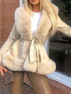 Women's Faux Leather Jacket Warm Breathable Fur Collar Casual Plain Vacation Street Daily Wear Going out Open Front Regular V Neck Regular Fit Long Sleeve Outerwear Black Brown Beige Fall Winter