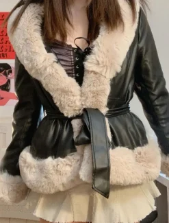 Women's Faux Leather Jacket Warm Breathable Fur Collar Casual Plain Vacation Street Daily Wear Going out Open Front Regular V Neck Regular Fit Long Sleeve Outerwear Black Brown Beige Fall Winter