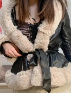 Women's Faux Leather Jacket Warm Breathable Fur Collar Casual Plain Vacation Street Daily Wear Going out Open Front Regular V Neck Regular Fit Long Sleeve Outerwear Black Brown Beige Fall Winter