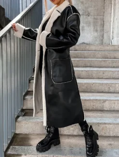 Women's Faux Leather Jacket Winter Coat Winter Jacket Windproof Warm Work Street Daily Wear Vacation Pocket Single Breasted Turndown Casual Street Style Solid Color Loose Fit Outerwear Long Sleeve