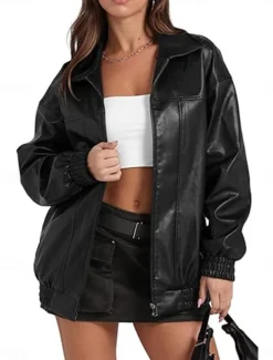 Women's Faux Leather Jacket Casual Jacket Outdoor Street Daily Wear Fall Winter Regular Coat Regular Fit Thermal Warm Breathable Stylish Casual Jacket Long Sleeve Plain with Pockets Full Zip Black