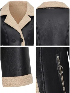 Women's Faux Leather Jacket Fleece Jacket Warm Zipper Pocket Buttons Vintage Fashion Casual Plain Street Casual Daily Wear Short Notch Lapel Regular Fit Long Sleeve Outerwear Black Fall Winter